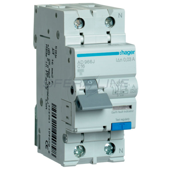 Диференційний автоматичний вимикач 1P+N 6kA C-16A 30mA тип A, Hager