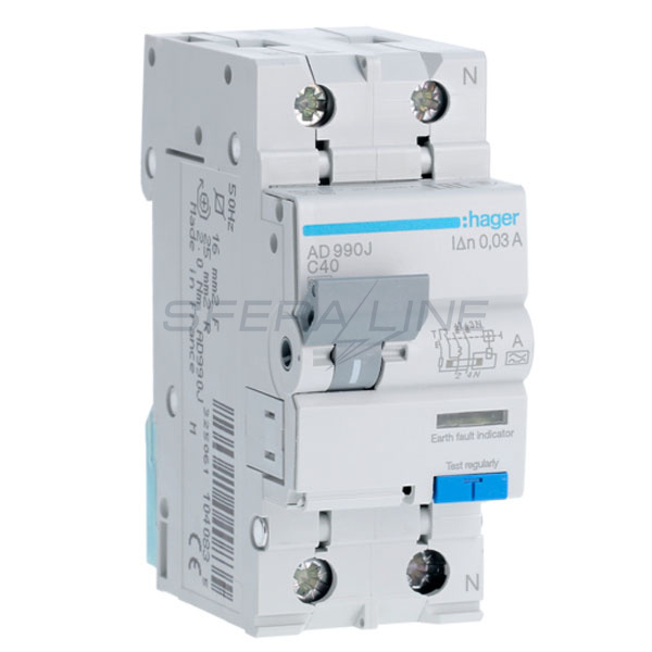 Диференційний автоматичний вимикач 1P+N 6kA C-40A 30mA тип A, Hager