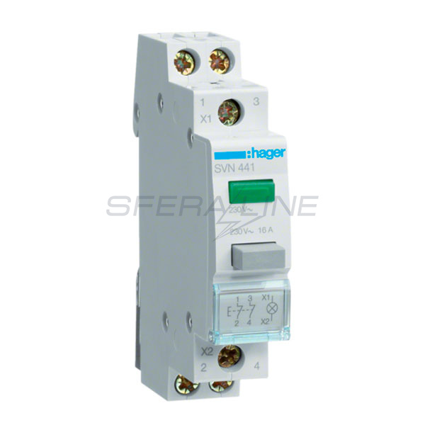 Выключатель кнопочный обратный с зеленым индикатором 230В/16А, 2НЗ, Hager