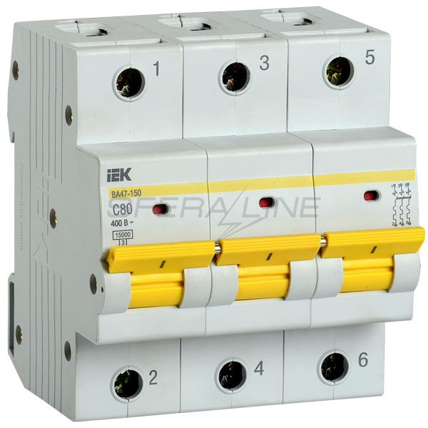 Автоматичний вимикач ВА47-150, 3 полюси, 80А, 15кА, х-ка C, IEK