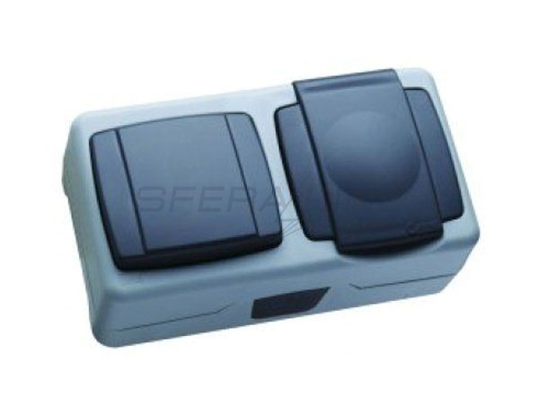 Вимикач 1-клавішний + розетка з кришкою IP55 Plus, сірий