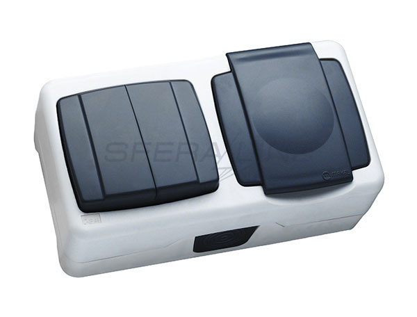 Выключатель 2-клавишный + розетка с крышкой IP55 Plus, серый